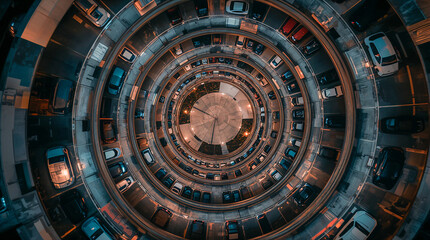 A stunning aerial view looking down into a circular parking garage filled with cars, creating a mesmerizing spiral pattern.