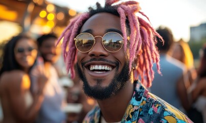 Happy Black man with pink dreadlocks laughing and socializing with a group of multiethnic friends outdoors at golden hour, Generative AI