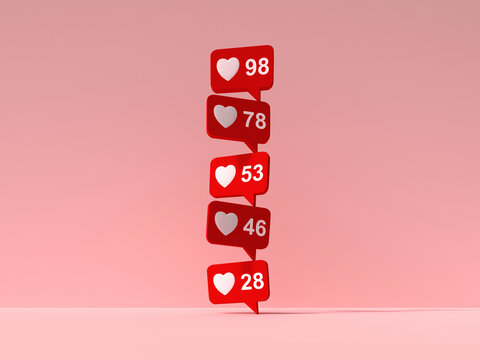Stacked social media like notification icons on pink 3d rendering