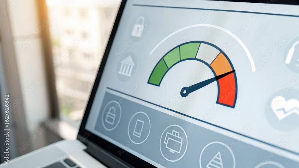 Poster a digital dashboard displays a performance gauge with green, yellow, and red zones, indicating varyi