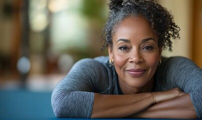 Active Black African American mature woman smiling while doing Pilates in her home gym. The scene emphasizes the importance of fitness and well-being in senior adults, with space, Generative AI