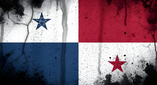 The flag of Panama depicted on a weathered, cracked wall with paint splatters.