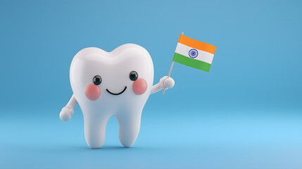 cute 3d render smiling white tooth holding Indian flag - Independence Day concept