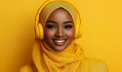 Happy Black hijabi woman listening to music with yellow headphones. Monochrome yellow clothing and background. Promoting positivity and happiness, Generative AI