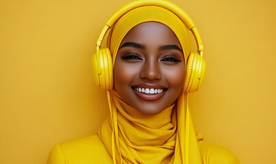 Happy Black hijabi woman listening to music with yellow headphones. Monochrome yellow clothing and background. Promoting positivity and happiness, Generative AI