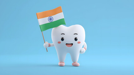 cute 3d render smiling white tooth holding Indian flag - Independence Day concept