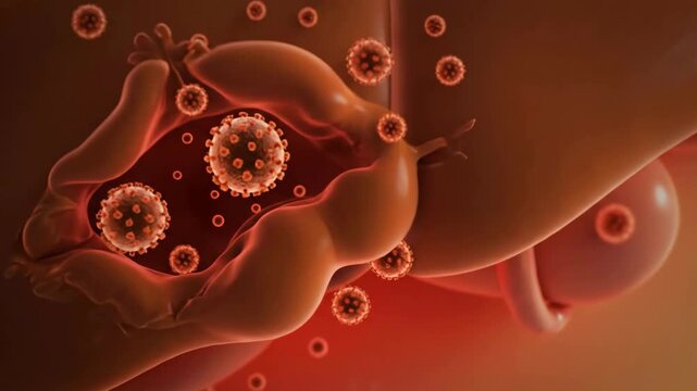 Medical visualization of gallbladder and liver affected by viral infection, Virus infecting liver and gallbladder, liver and gallbladder infection illustration, Hepatitis