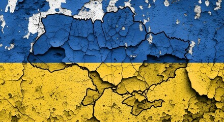 Obraz premium The Ukrainian flag with a cracked, distressed effect, showing the country's map.