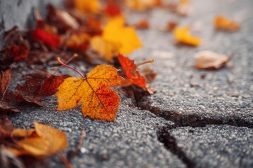 Crisp autumn leaves scattered along an urban sidewalk crack, blending seasonal beauty with city imperfection.