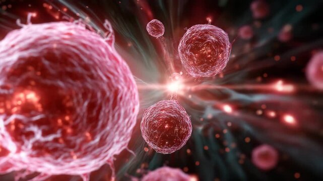 Red cell with a green stem. There are other red cells in the background. red energy wave hitting stacked cancer cells, bursting effect, high contrast, break cancer cells, targeted therapy