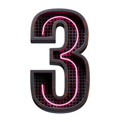 3D illustration of Pink Neon light digit number character 3 font. Neon tube number Pink glow effect...