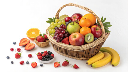 Bright fruit basket with apples, bananas, and grapes, placed on white background.