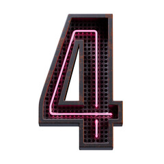 3D illustration of Pink Neon light digit number character 4 font. Neon tube number Pink glow effect in Black rusty metal box.Supports PNG files with transparent backgrounds.