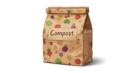 Compost paper bag with vegetable pattern on white background