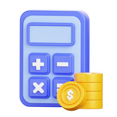 Calculator with Stack of Coins 3D Illustration