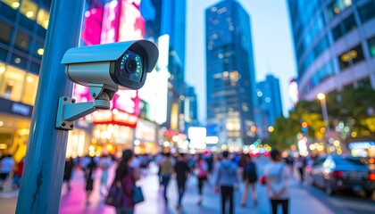 Surveillance camera on city street at dusk