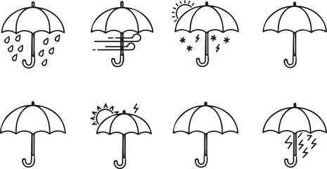Eight black and white line art icons of umbrellas representing diverse weather conditions umbrella icon