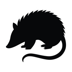 Black silhouette of a hedgehog with spiky back and long tail animal black and white