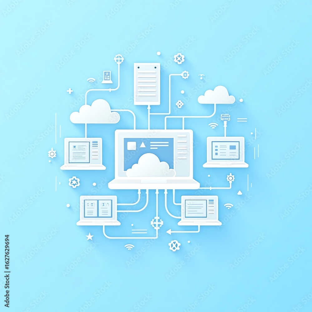Aufkleber cloud computing network diagram with laptops and devices