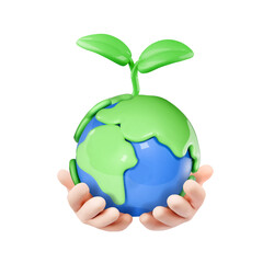 Eco illustration in 3d cartoon style. Hands hold planet, human arms and earth globe and green plant leaves. Planet care, save nature icon