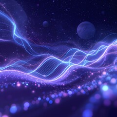 Futuristic Abstract Waves in Deep Space with Glowing Light Particles and Grid Lines