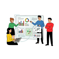Professional business team analyzing data on a digital dashboard.