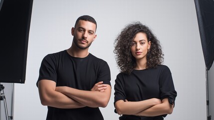 Professional Photographers Creating Social Media Content in Studio, Operating Equipment Under Balanced Lighting