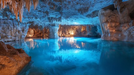 Tranquil cave featuring clear blue pool and hanging stalactites high resolution picture