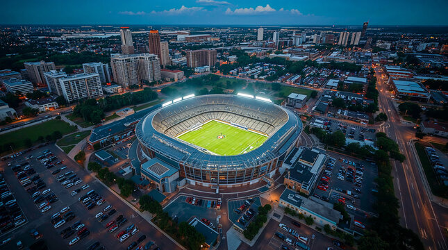 Aerial view of a brightly lit football stadium in a city at dusk, surrounded by buildings and a parking lot. The sky is dark blue with hints of clouds.