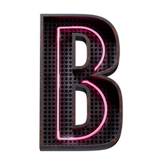 3D illustration of Pink Neon light alphabet character Capital letter B. Neon tube Capital letter Pink glow effect in Black rusty metal box.Supports PNG files with transparent backgrounds.