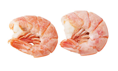 Two shrimp are frozen and sitting on a white background