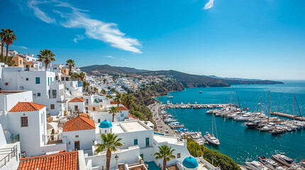 A picturesque coastal town with white buildings, blue domes, and palm trees overlooking a harbor filled with boats under a bright blue sky.