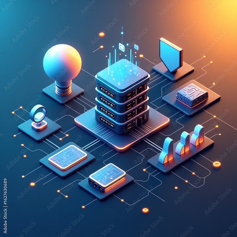 Poster data storage server network with digital icons and connections