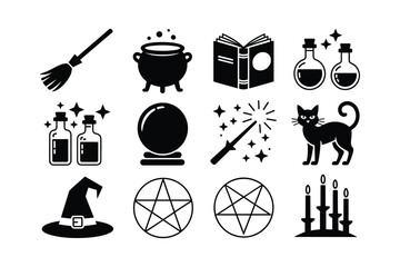 Witchcraft symbols including broom cauldron book potions crystal ball wand black cat hat pentagrams and candles