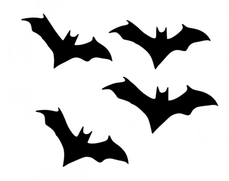 Silhouetted bats, speckled with tiny colored dots, against a black background