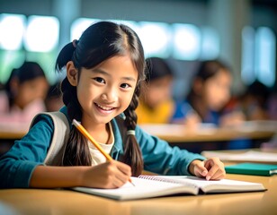 Smiling girl studying