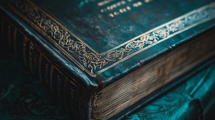 Fototapeta premium A close-up of an old, worn book cover with intricate embossing and a faded gold title. .