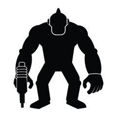 Black silhouette of a muscular robot holding a tool white