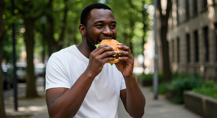 Young african american man is biting into large, juicy hamburger on city street. Fast food burger, takeaway