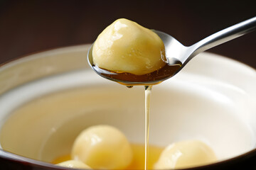 Golden Honey Drizzled over Creamy Mochi Balls in Elegant Bowl; Close-up Food Photography