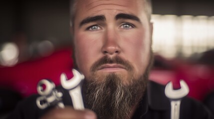 Portrait of an experienced bearded mechanic repairing tools. Close focus on the face with a slightly blurred garage background.