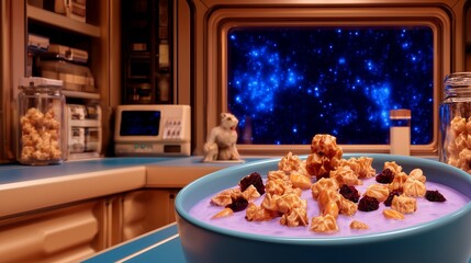 Zero-gravity breakfast scene with a bowl of smoothie and toppings gently spinning near a panoramic space station window showing stars
