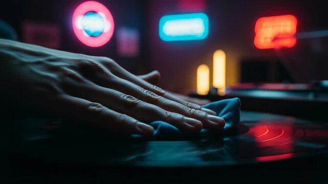 Close up of a hand cleaning a vinyl record with a soft cloth in a vibrant neon lit setting highlighting texture detail and retro entertainment themes for commercial and creative visual content