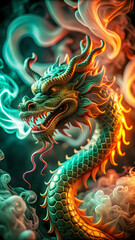 Fototapeta premium Fantasy Chinese Dragon Illustration, Mythical Creature Art, Fiery Dragon with Smoke, 3D Rendered Dragon Design, Oriental Legendary Beast Poster