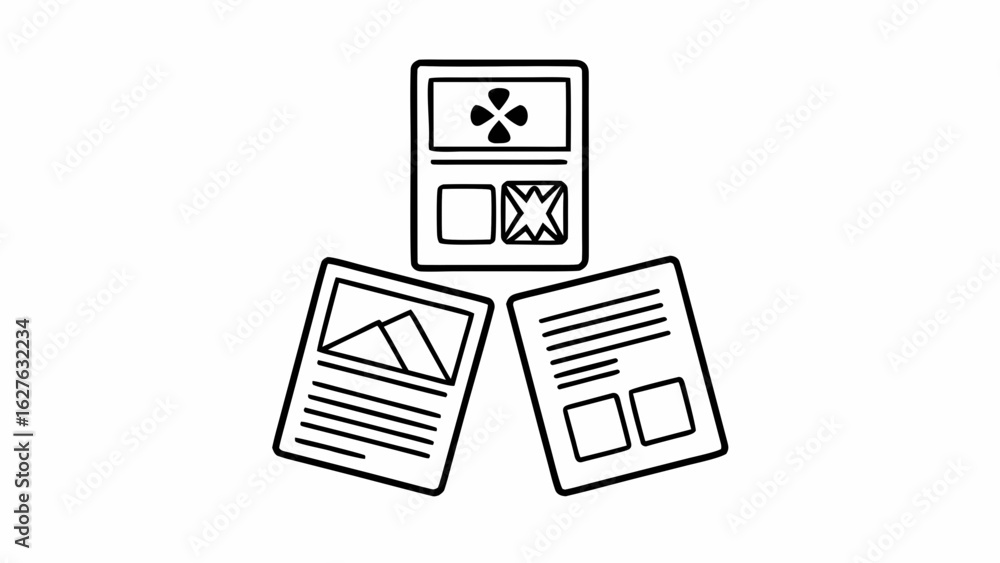 Poster three documents with different layouts and designs are arranged in a triangular formation on white