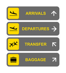 Airport Direction Signs.Arrivals, Departures, Transfer, and Baggage Icons Vector