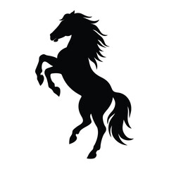 Black silhouette of a rearing horse with flowing mane and tail white background