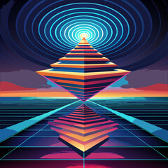 Retro futuristic pyramid landscape with neon grid and concentric circles