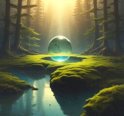 A floating drop of fuel above a small patch of earth or moss, glowing from within. Surrounded by clean air and light.