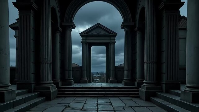 Dramatic archway with stone columns against stormy sky, perfect for fantasy scene backdrop